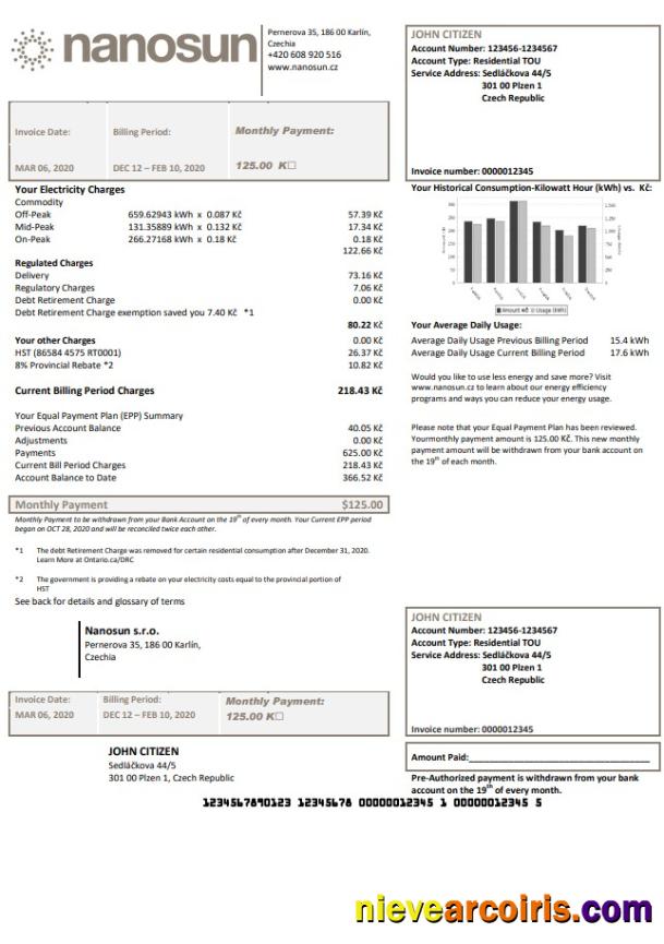 Czech Republic Nanosun sro utility bill